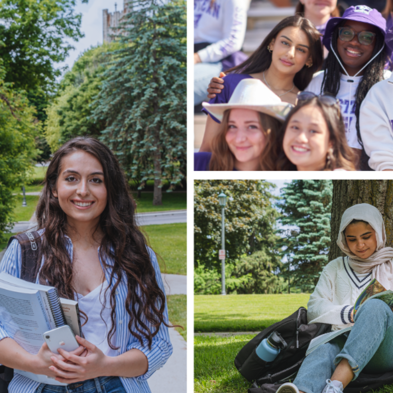 Students engaging in academic and social activities outside.